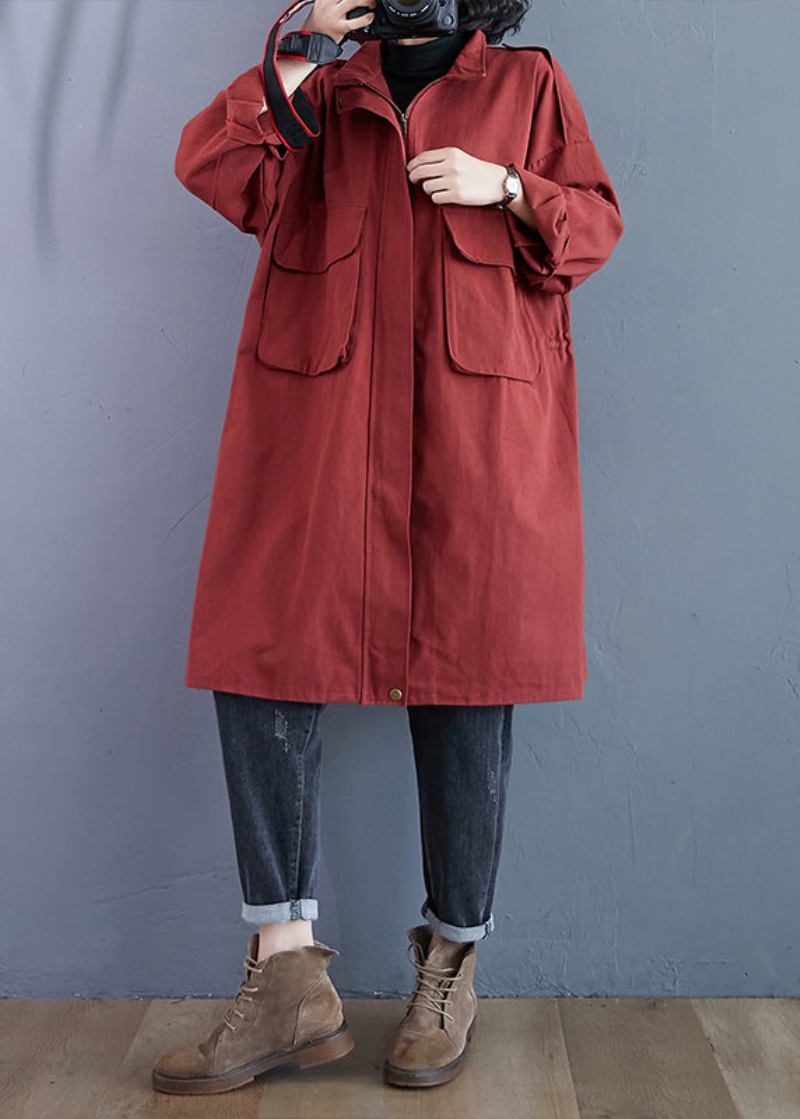 Plus Größe Ziegel Rot Zip Up Taschen Patchwork Baumwolle Trenchcoats Herbst - Damen-Trenchcoats