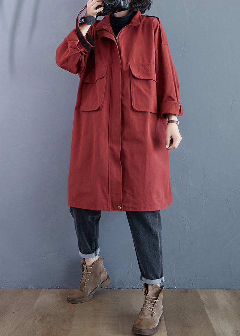 Plus Größe Ziegel Rot Zip Up Taschen Patchwork Baumwolle Trenchcoats Herbst - Damen-Trenchcoats