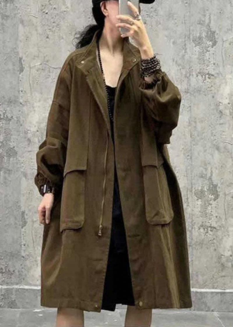 Plus Size Army Green Stehkragen Reißverschlusstaschen Herbst Langarm Trenchcoat - Armee Grün