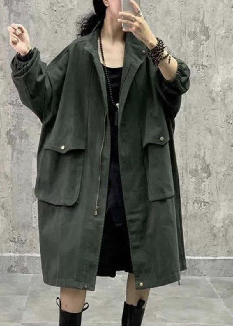 Plus Size Army Green Stehkragen Reißverschlusstaschen Herbst Langarm Trenchcoat - Armee Grün