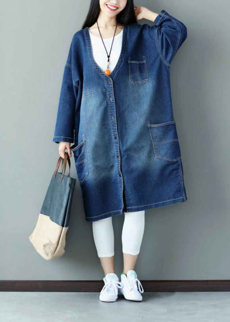 Plus Size Blau V-ausschnitt Taschen Applikationen Baumwolljeans Mäntel Frühling - Damen-Trenchcoats