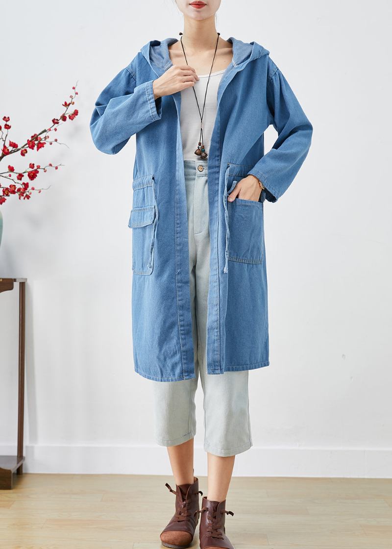 Plus Size Blauer Trenchcoat Aus Denim Mit Kapuze Für Den Herbst