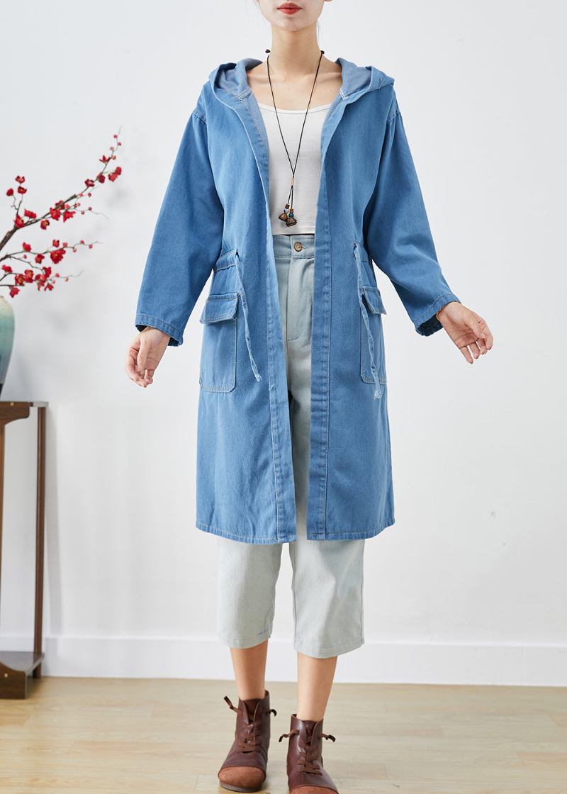 Plus Size Blauer Trenchcoat Aus Denim Mit Kapuze Für Den Herbst - Damen-Trenchcoats