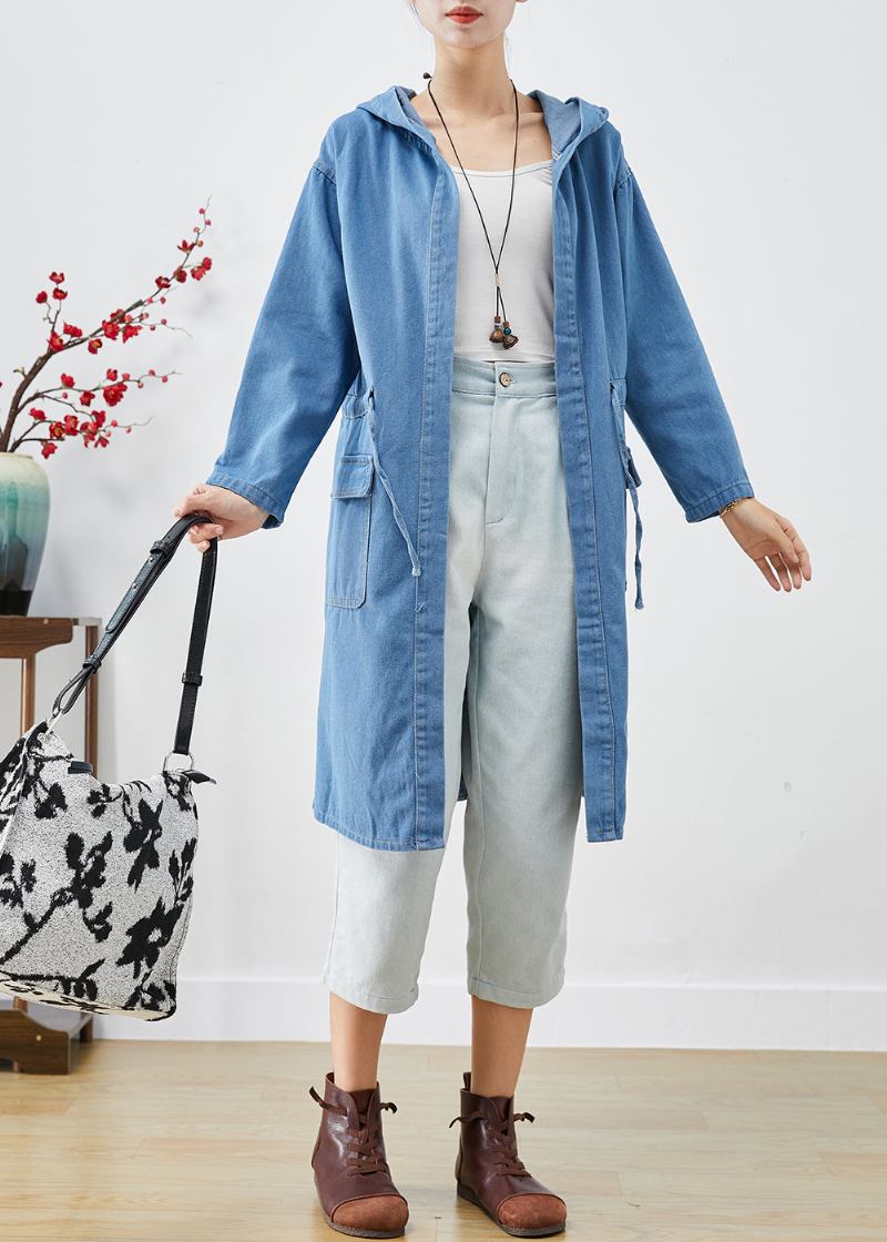 Plus Size Blauer Trenchcoat Aus Denim Mit Kapuze Für Den Herbst - Damen-Trenchcoats