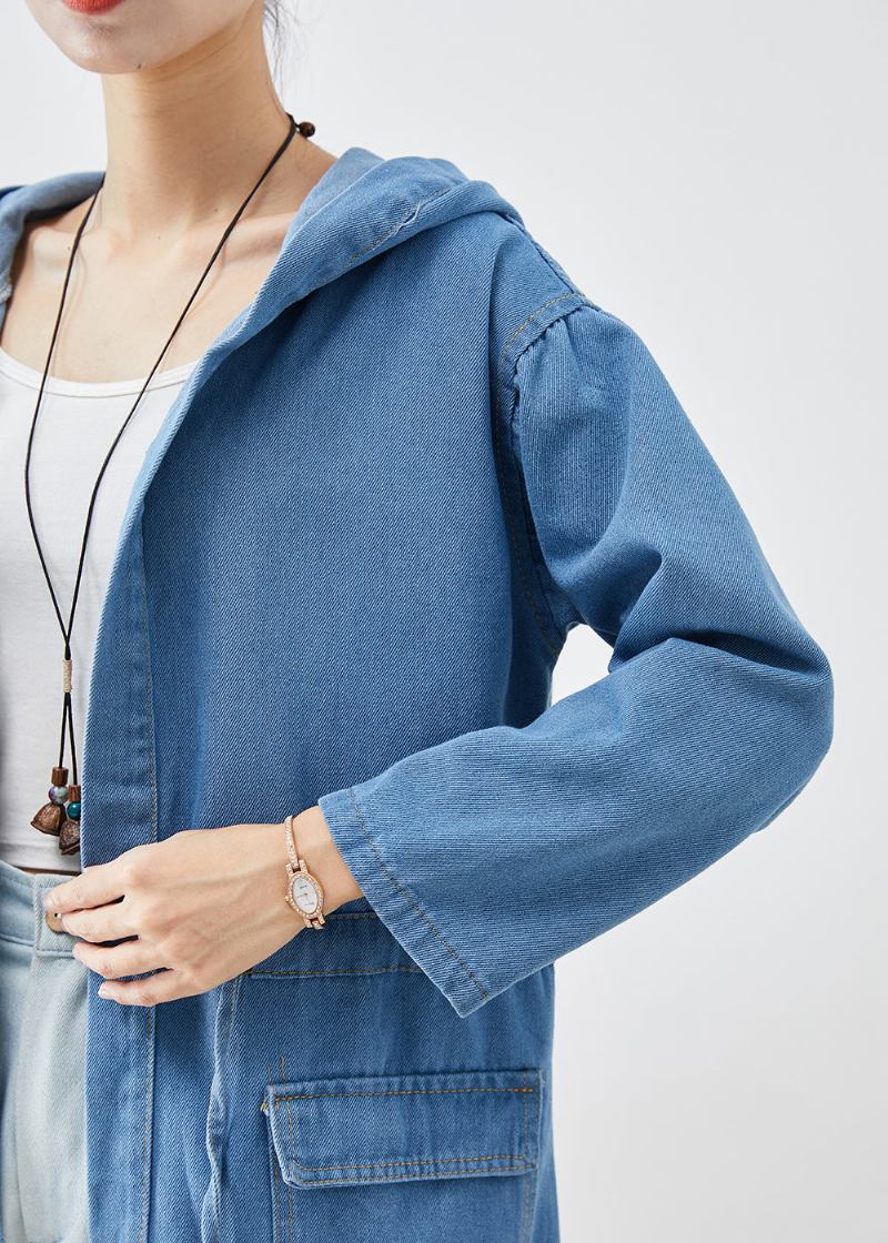 Plus Size Blauer Trenchcoat Aus Denim Mit Kapuze Für Den Herbst - Damen-Trenchcoats