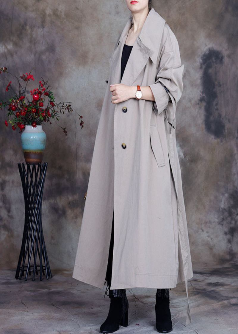 Plus Size Graue Taillenbinde Mit Knopf Peter Pan Kragen Trenchcoats Frühling - Damen-Trenchcoats