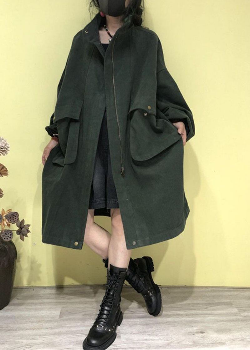 Plus Size Grün Stehkragen Reißverschlusstaschen Trenchcoats Herbst