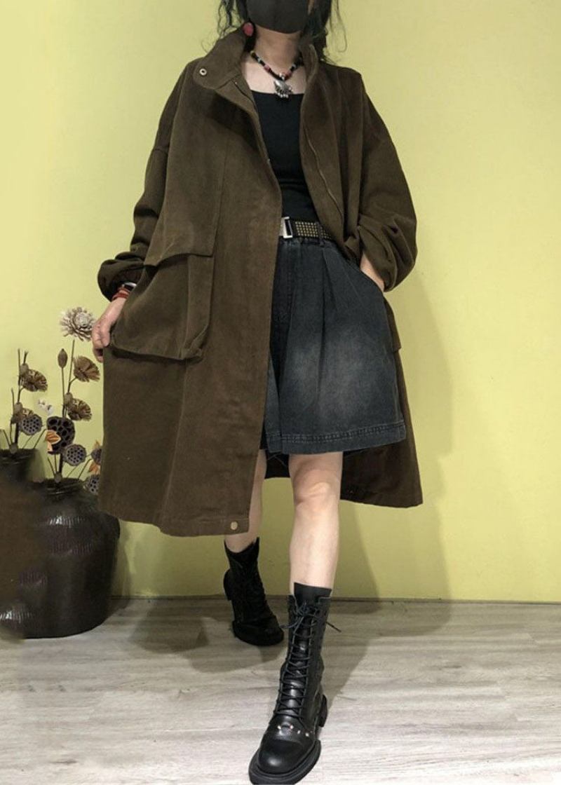 Plus Size Grün Stehkragen Reißverschlusstaschen Trenchcoats Herbst - Grün