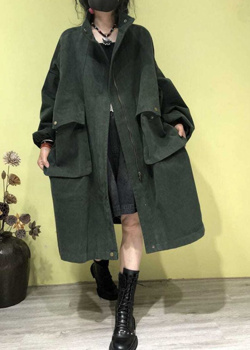 Plus Size Grün Stehkragen Reißverschlusstaschen Trenchcoats Herbst - Grün