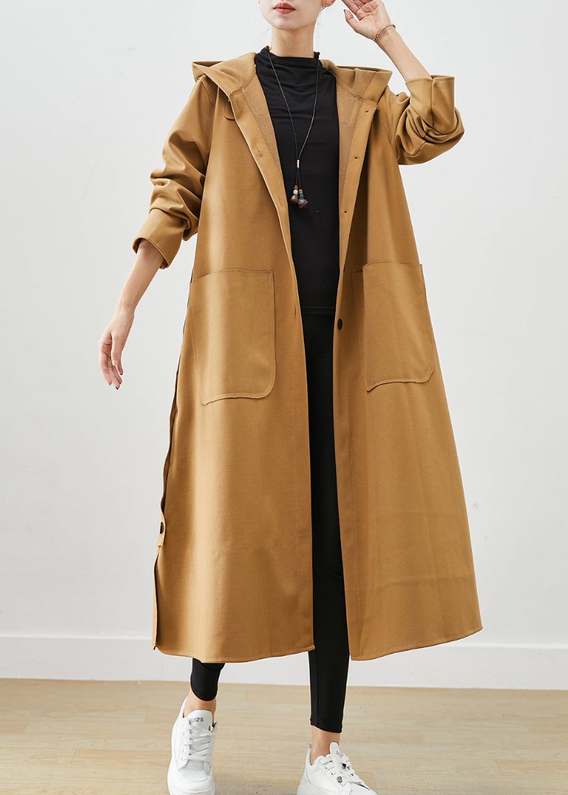 Plus Size Khaki Kapuzentaschen Baumwoll Trenchcoat Herbst