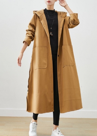 Plus Size Khaki Kapuzentaschen Baumwoll Trenchcoat Herbst