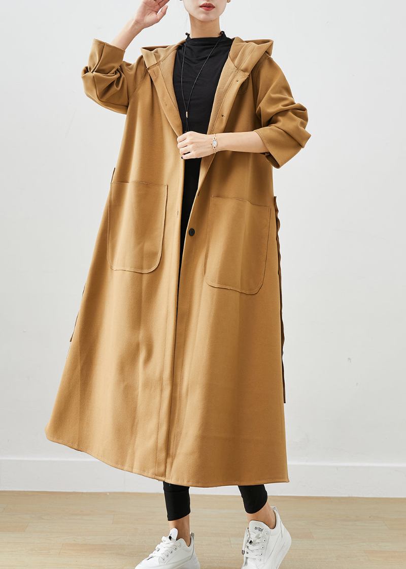 Plus Size Khaki Kapuzentaschen Baumwoll Trenchcoat Herbst - Damen-Trenchcoats