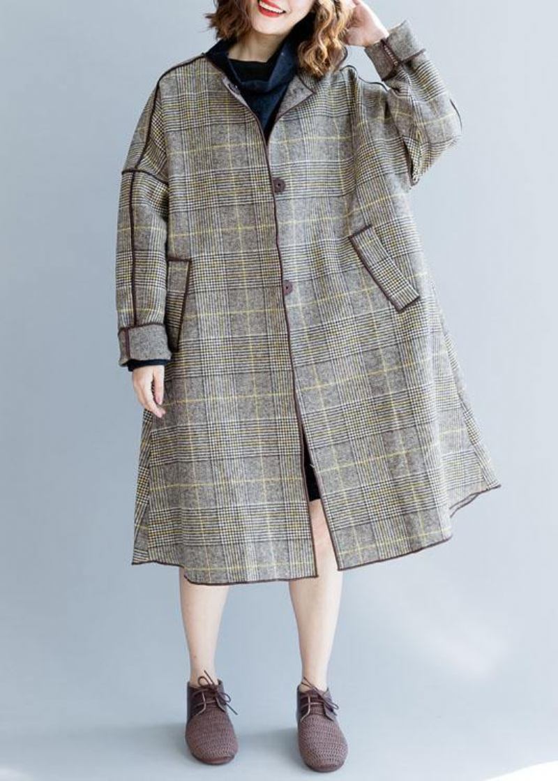 Plus Size Langer Mantel Herbst Damen Mäntel Plaid Hals Tasche Wollmäntel - Damen-Trenchcoats