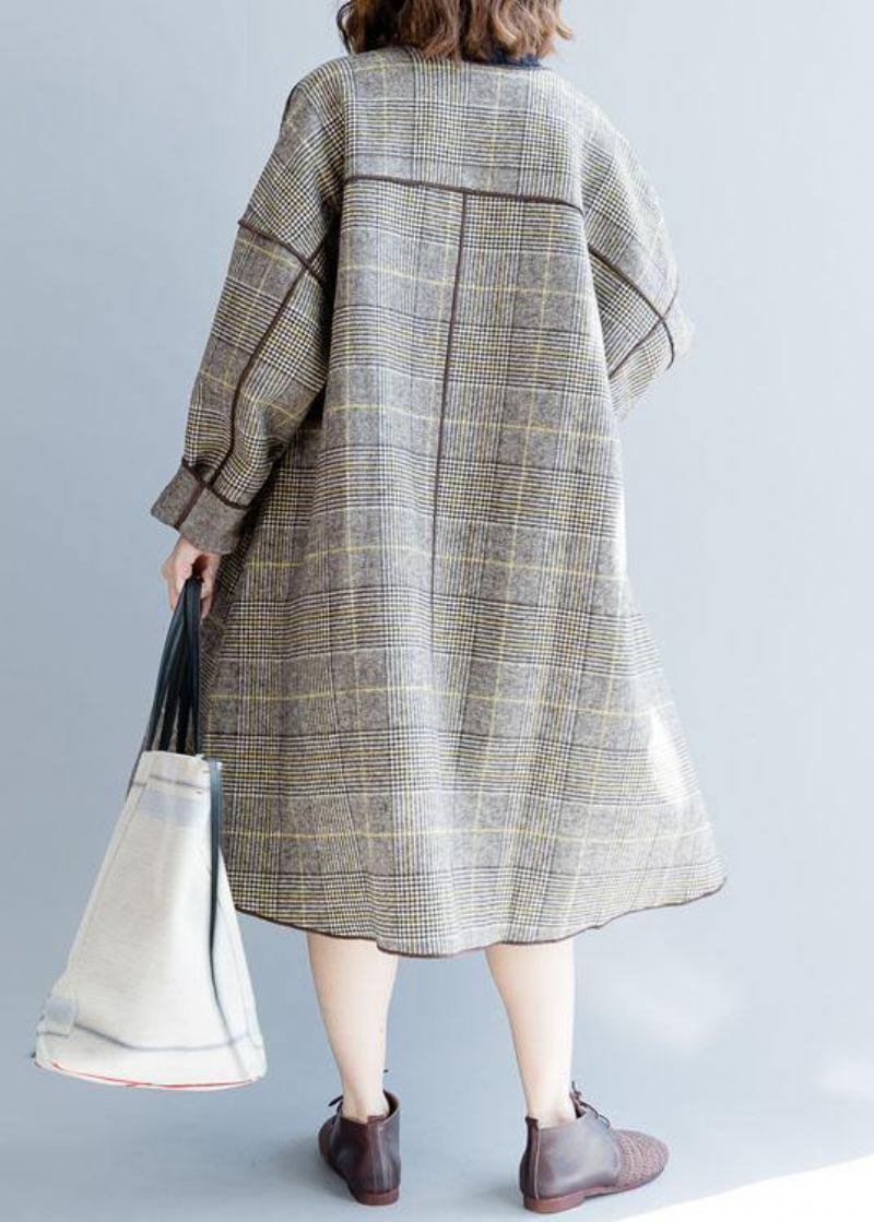 Plus Size Langer Mantel Herbst Damen Mäntel Plaid Hals Tasche Wollmäntel - Damen-Trenchcoats