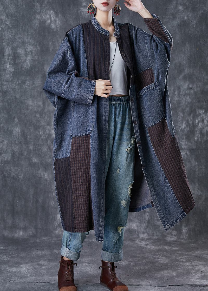 Plus Size Marine Übergroßer Patchwork-applikations-jeans-trenchcoat Frühling - Damen-Trenchcoats