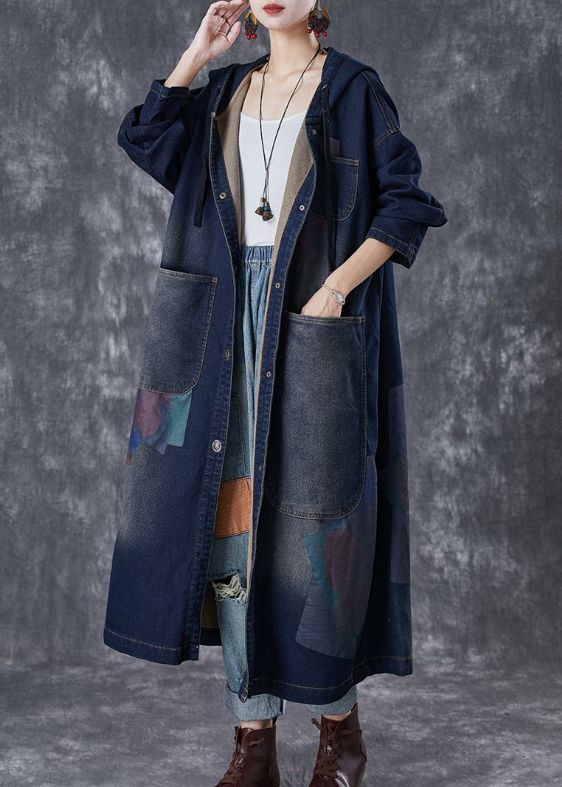 Plus Size Marineblauer Asymmetrischer Denim-trenchcoat Mit Kapuze Und Großen Taschen