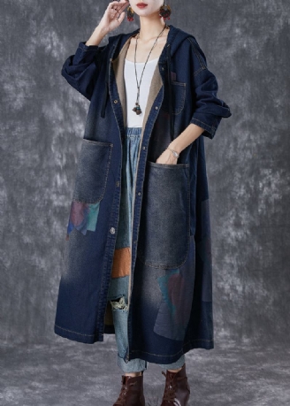 Plus Size Marineblauer Asymmetrischer Denim-trenchcoat Mit Kapuze Und Großen Taschen