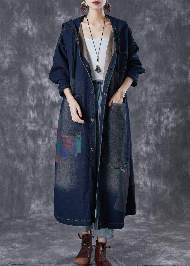 Plus Size Marineblauer Asymmetrischer Denim-trenchcoat Mit Kapuze Und Großen Taschen - Damen-Trenchcoats