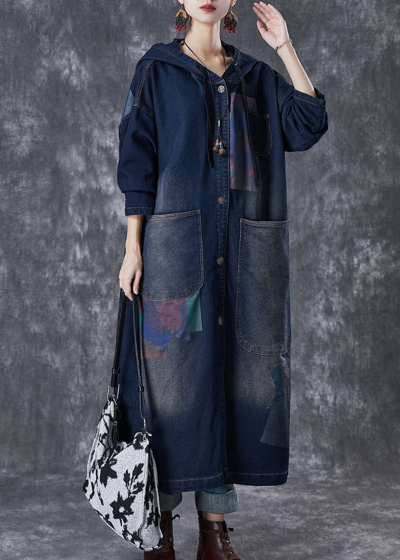 Plus Size Marineblauer Asymmetrischer Denim-trenchcoat Mit Kapuze Und Großen Taschen - Damen-Trenchcoats