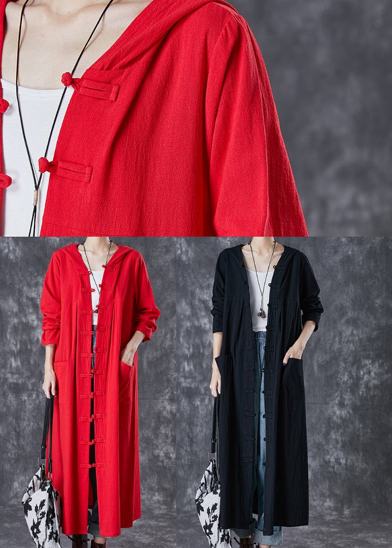 Plus Size Roter Trenchcoat Aus Baumwolle Mit Kapuze Und Chinesischen Knöpfen - Damen-Trenchcoats