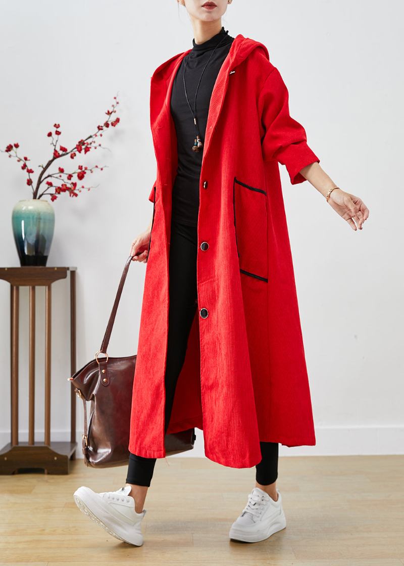 Plus Size Roter Trenchcoat Aus Cord Mit Kapuze Und Großen Taschen Für Den Herbst