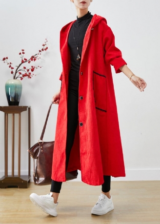 Plus Size Roter Trenchcoat Aus Cord Mit Kapuze Und Großen Taschen Für Den Herbst