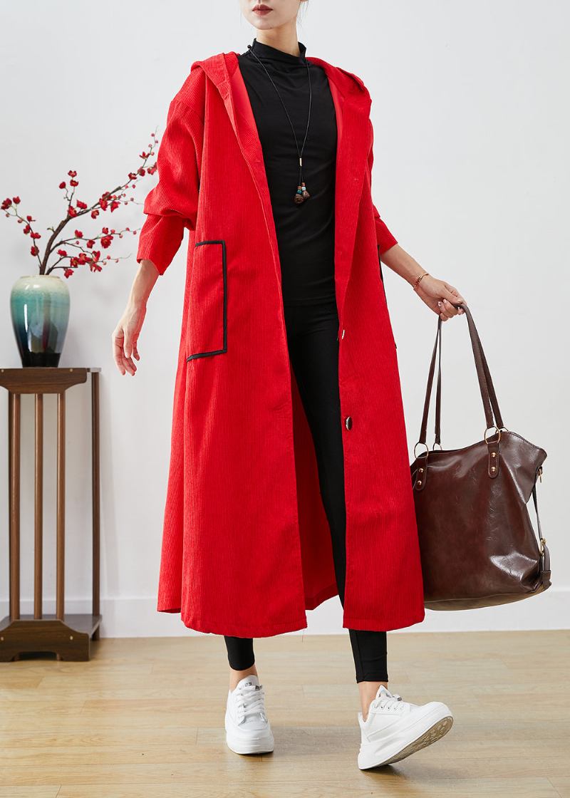 Plus Size Roter Trenchcoat Aus Cord Mit Kapuze Und Großen Taschen Für Den Herbst - Damen-Trenchcoats