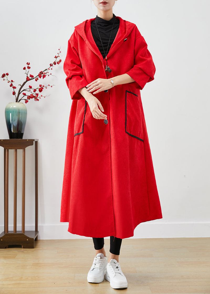 Plus Size Roter Trenchcoat Aus Cord Mit Kapuze Und Großen Taschen Für Den Herbst - Damen-Trenchcoats