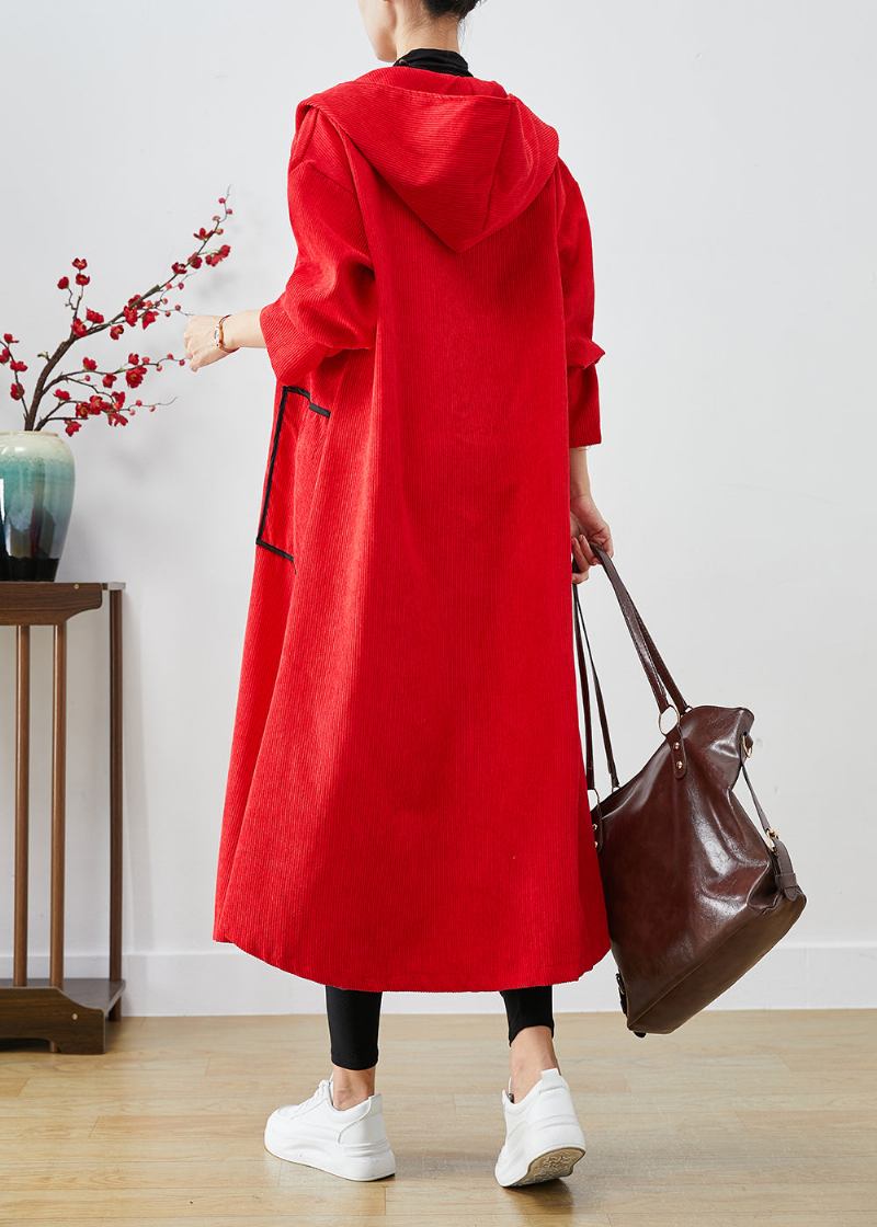 Plus Size Roter Trenchcoat Aus Cord Mit Kapuze Und Großen Taschen Für Den Herbst - Damen-Trenchcoats