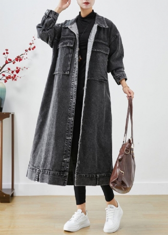 Plus Size Schwarz Übergroße Taschen Denim Trenchcoats Herbst