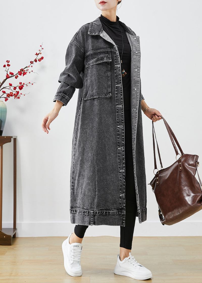 Plus Size Schwarz Übergroße Taschen Denim Trenchcoats Herbst - Damen-Trenchcoats