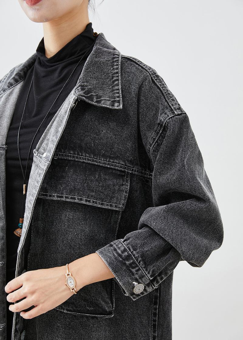 Plus Size Schwarz Übergroße Taschen Denim Trenchcoats Herbst - Damen-Trenchcoats