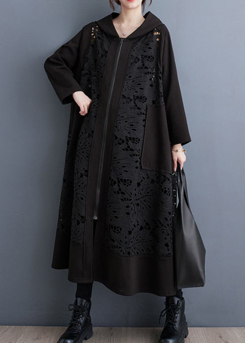 Plus Size Schwarz Übergroßen Patchwork Aushöhlen Baumwolle Mantel - Damen-Trenchcoats