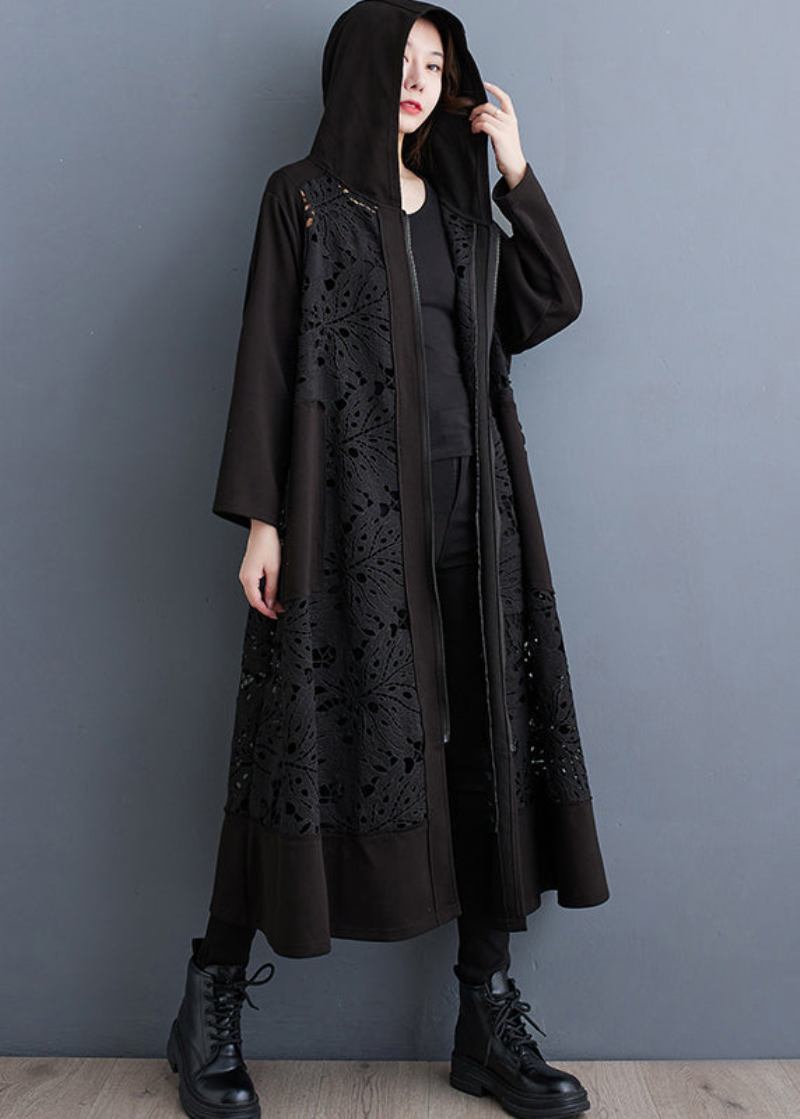 Plus Size Schwarz Übergroßen Patchwork Aushöhlen Baumwolle Mantel - Damen-Trenchcoats