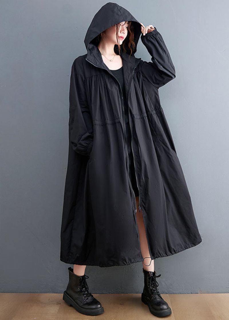 Plus Size Schwarzer Trenchcoat Aus Baumwolle Mit Kapuze Und Kordelzug