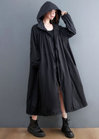 Plus Size Schwarzer Trenchcoat Aus Baumwolle Mit Kapuze Und Kordelzug