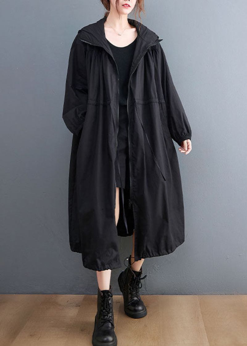 Plus Size Schwarzer Trenchcoat Aus Baumwolle Mit Kapuze Und Kordelzug - Damen-Trenchcoats