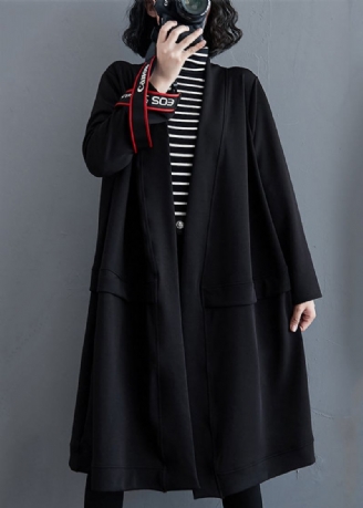 Plus Size Schwarzer Trenchcoat Aus Baumwolle Mit V-ausschnitt Und Taschen Für Den Herbst