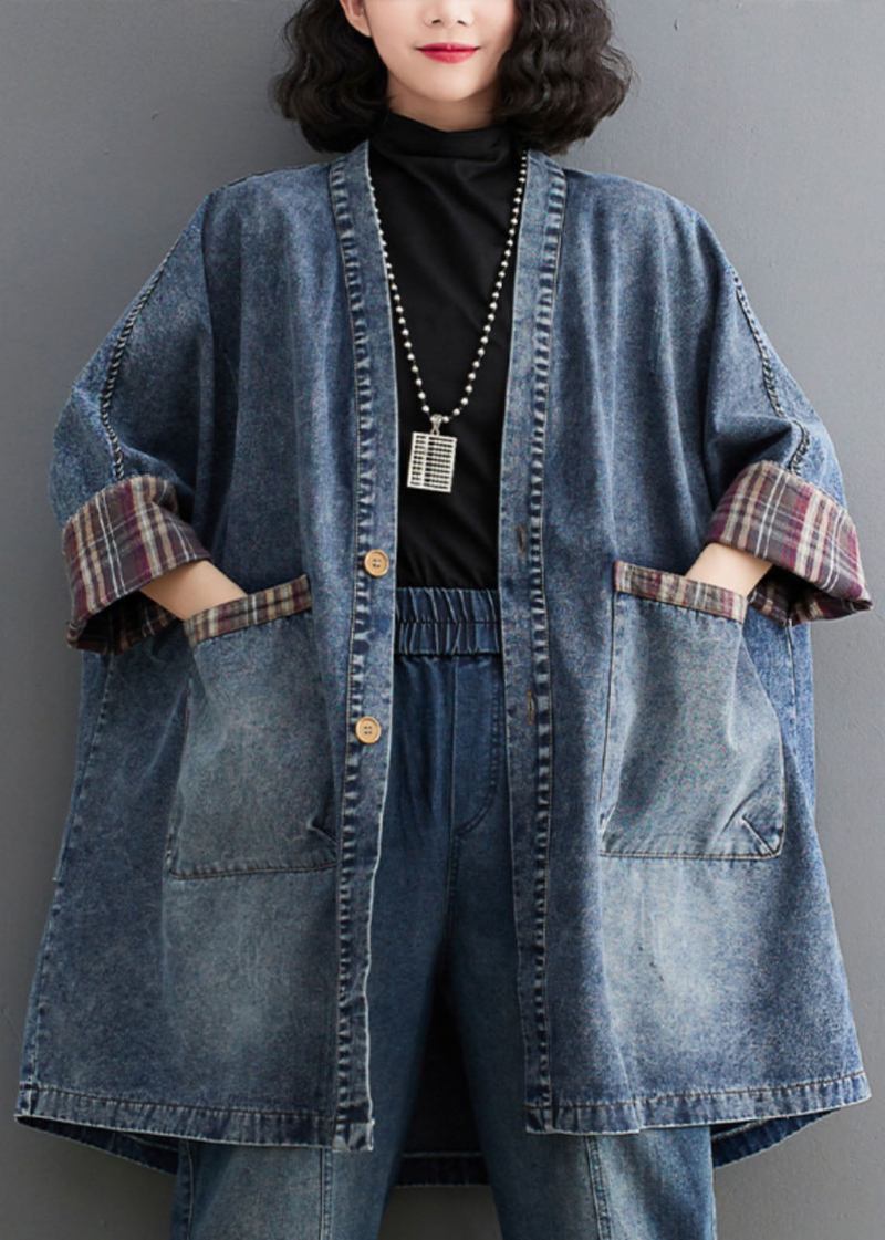 Retro Blau V-ausschnitt Gestreifter Patchwork Denim Trenchcoat Langarm