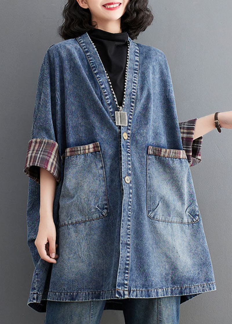 Retro Blau V-ausschnitt Gestreifter Patchwork Denim Trenchcoat Langarm - Blau