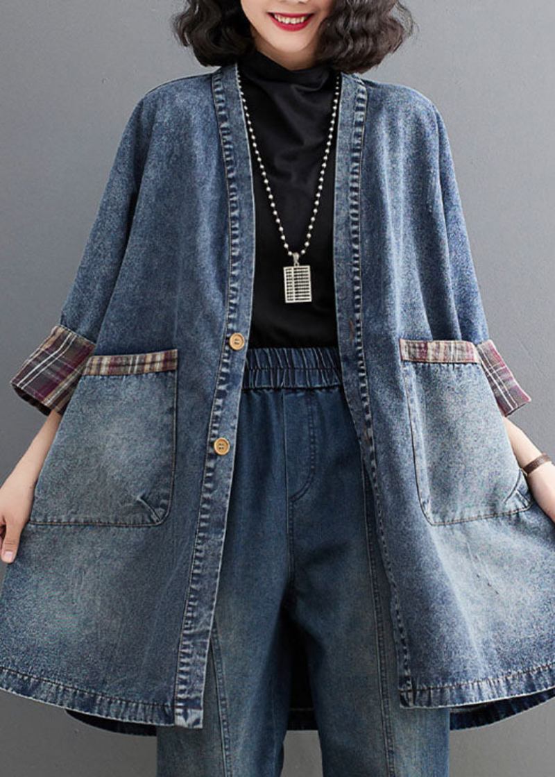 Retro Blau V-ausschnitt Gestreifter Patchwork Denim Trenchcoat Langarm - Blau