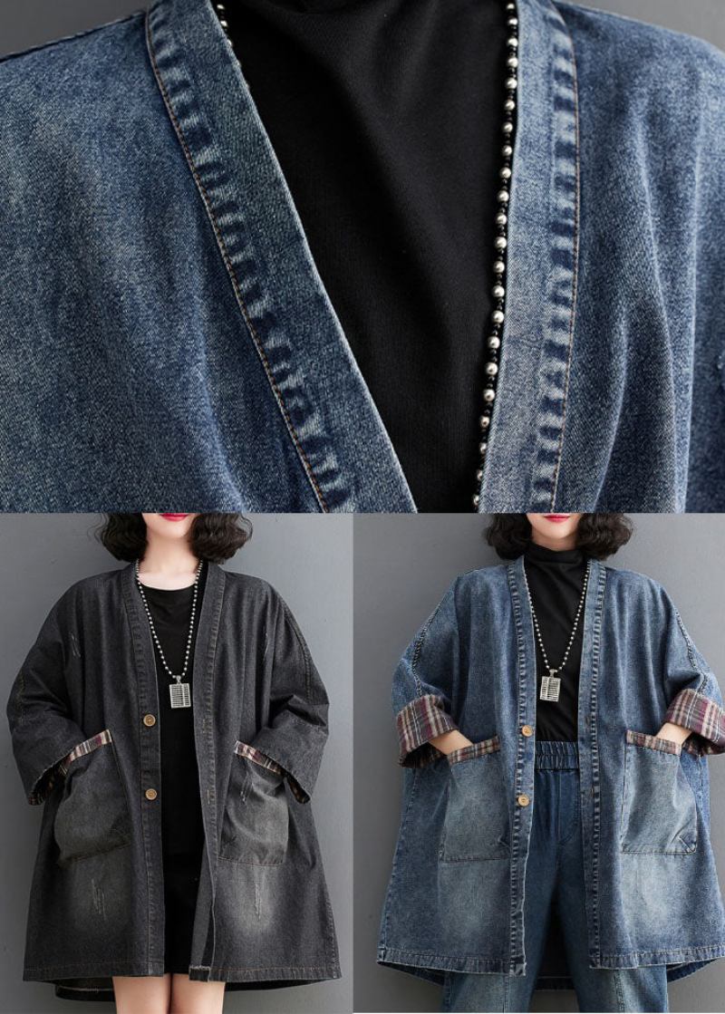 Retro Blau V-ausschnitt Gestreifter Patchwork Denim Trenchcoat Langarm - Blau