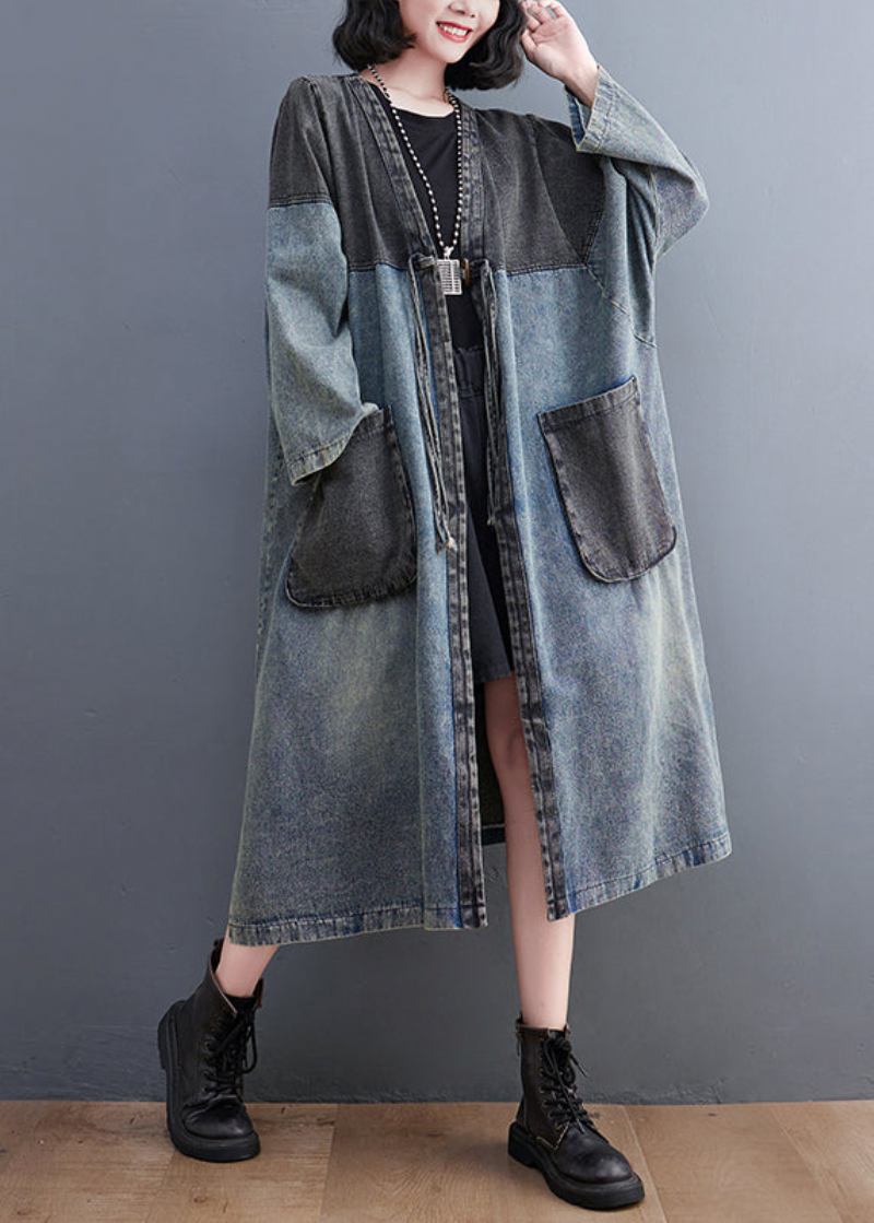 Retro Blau V-ausschnitt Taschen Patchwork Knopf Denim Lange Trenchcoats Herbst - Damen-Trenchcoats