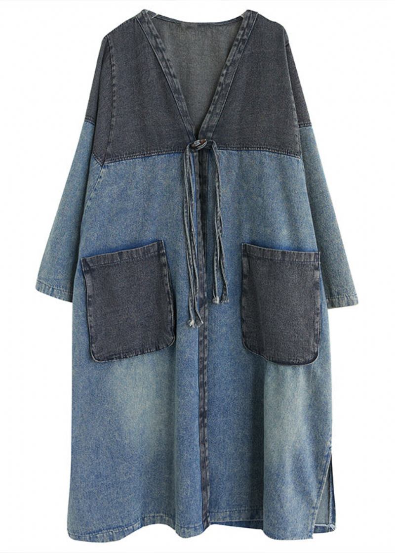 Retro Blau V-ausschnitt Taschen Patchwork Knopf Denim Lange Trenchcoats Herbst - Damen-Trenchcoats