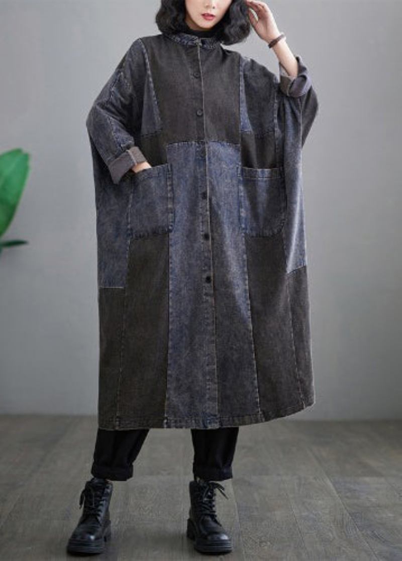 Retro Blauer Langer Trenchcoat Aus Denim Mit Patchwork-knopf Lange Trenchcoats Mit Taschen Lang Ärmel