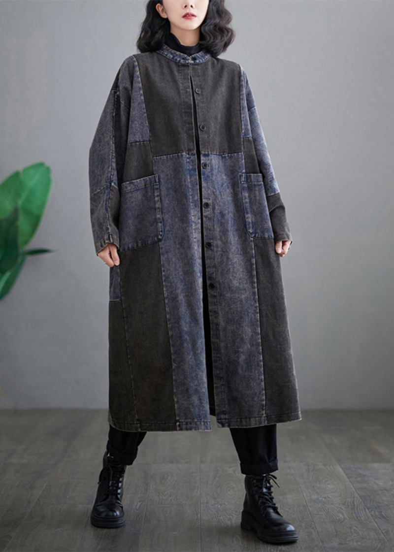 Retro Blauer Langer Trenchcoat Aus Denim Mit Patchwork-knopf Lange Trenchcoats Mit Taschen Lang Ärmel - Damen-Trenchcoats