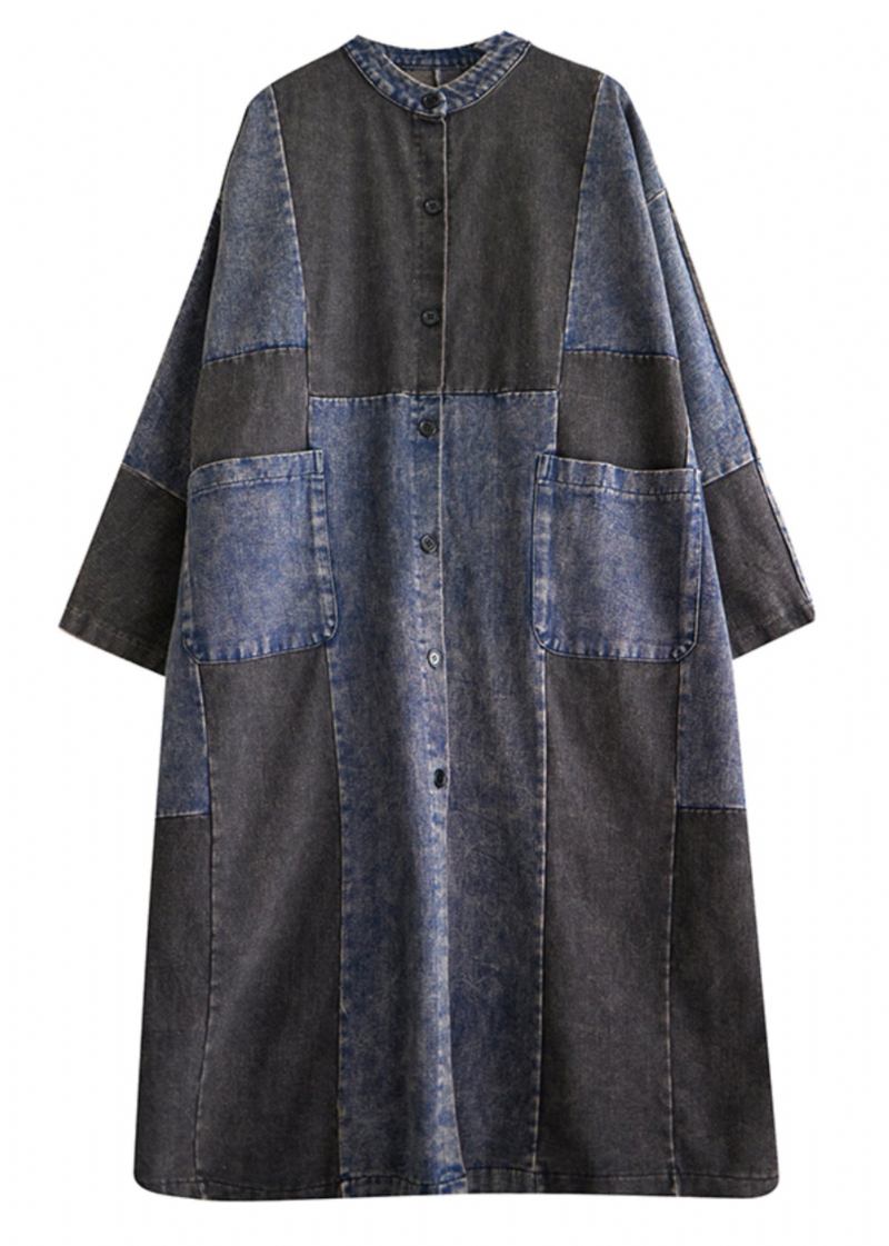 Retro Blauer Langer Trenchcoat Aus Denim Mit Patchwork-knopf Lange Trenchcoats Mit Taschen Lang Ärmel - Damen-Trenchcoats