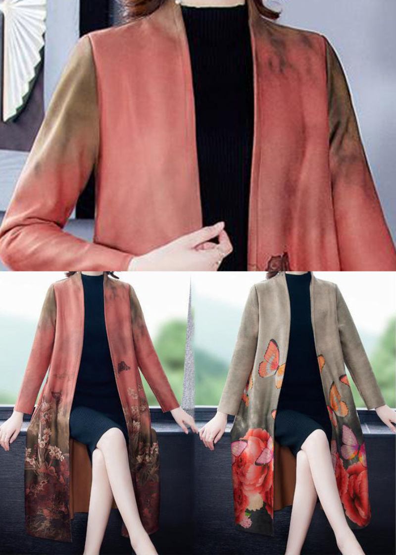 Rosa Print Faux Wildleder Trenchcoats Übergroße Langarm - Rosa