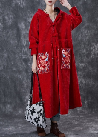 Rot Oriental Warm Fleece Cord Trenchcoat Bestickt Winter