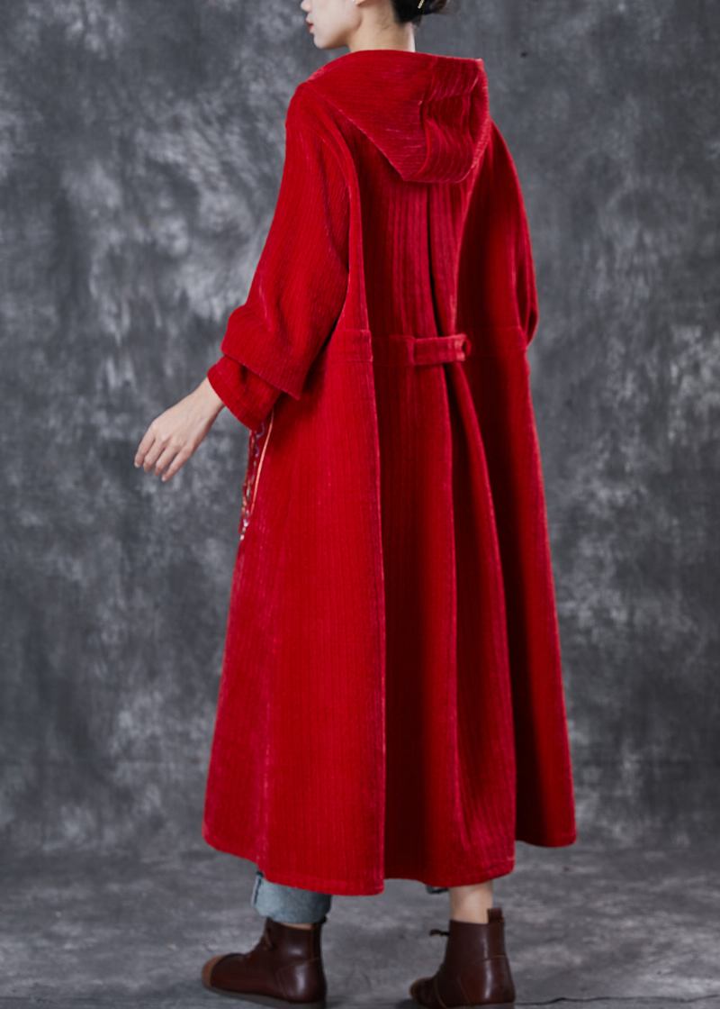 Rot Oriental Warm Fleece Cord Trenchcoat Bestickt Winter - Damen-Trenchcoats